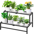 2 Tier Plant Stand Indoor Outdoor, Heavy Duty Metal Tall Plant Shelf for Multiple Flower Planter Holder, Ladder Pot Display Rack for Patio Garden Corner Balcony Living Room (Black)