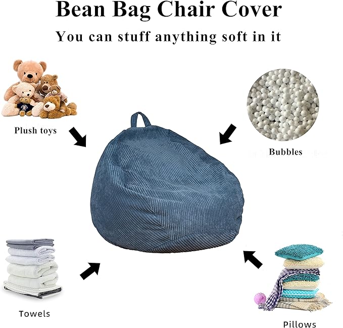 Bean Bag Chairs Cover (No Filler),Bean Bag Cover,Plush Toys Storage Bag,Bean Bag for Kids,Adults,Teens,Washable Ultra Soft Corduroy Sturdy Zipper,[Small 32 * 28 in] Blue Bean Bags