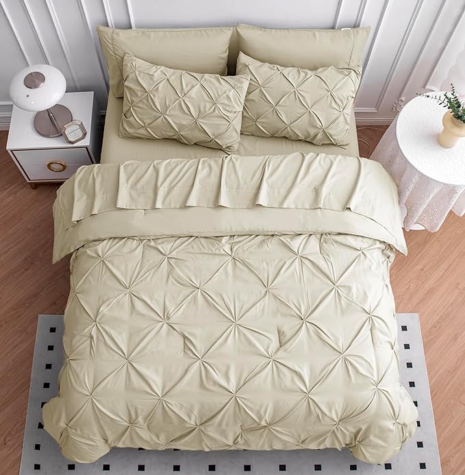 LANE LINEN Twin XL Comforter Set, 5 Piece Twin XL Bedding Set, Pintuck Twin XL Bed in a Bag, Twin XL Bed Set, Twin XL Bed Comforter Set with Sheets, Pillowcase & Sham, Bedding Comforter Sets - Linen
