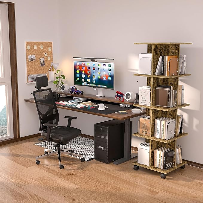 VECELO Rotating Bookshelf with Brake Wheels, 360°Display 4 Tier Floor Stackable Spinning-Bookshelf Tower for Kids&Adults, Revolving Bookcase for Small Space,Corner(Brown)