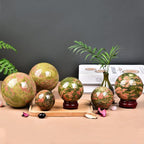 JIC Gem Unakite Stone Crystal Sphere Ball with Decorative Stand Quartz Crystal Ball Healing Gemstone Sphere for Fengshui Reiki Decor (50-60mm)