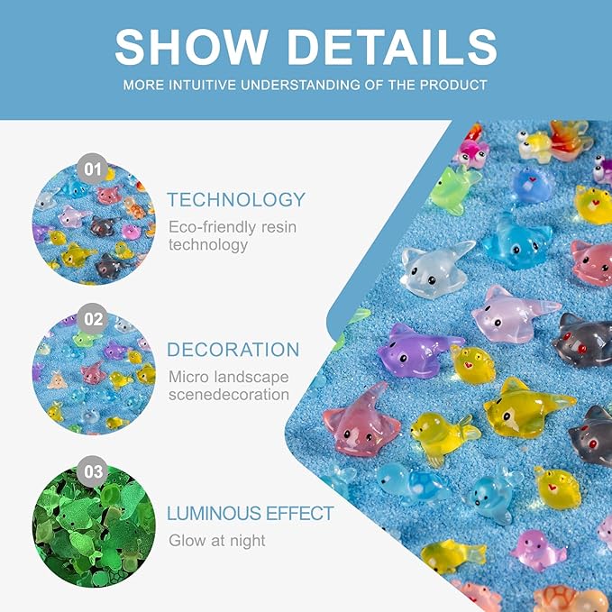 100 Pieces Luminous Mini Sea Animal Little Turtle Seal Carp Manta Ray Statue Glowing Tiny Sea Animal Garden View Aquarium DIY Hide and Seek Prank Cake Decorating Set