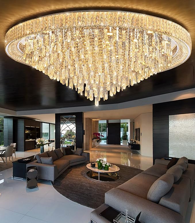 53.7'' Modern Chandeliers LED Dimmable Crystal Flush Mount Ceiling Chandeliers for Living Room High Ceiling Entrance Foyer Lobby Bedroom Silver