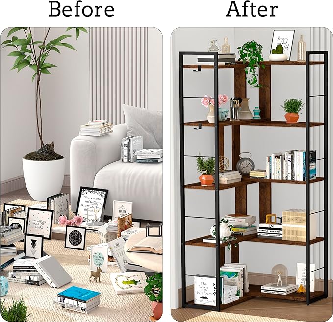 5 Tier Bookshelf Wood Bookcase with 2 Hooks Modern Corner Bookshelf Library Industrial Shelving Book Case Adjustable Book Shelves for Bedroom Living Room Home Office Rustic Brown