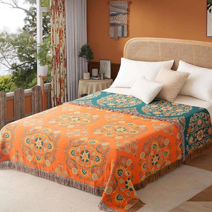 Boho Throw Blanket Full Size, Extra Large Soft Cozy Cotton Muslin Quilt Blanket for Bed Decor, Floral Patterned Couch Sofa Chair Cover, Vintage Farmhouse Cottage Woven Blanket, Orange&Green