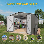 10x12x6.7FT Outdoor Storage Shed, Galvanized Steel Garden Shed with Lockable Door & Window, Waterproof Metal Tool Storage for Garden, Backyard, Patio, Lawn(Grey)