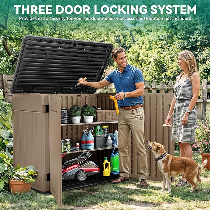 YITAHOME Large Outdoor Horizontal Storage Shed, 47 cu ft Resin Tool Shed w/o Shelf, Outdoor Waterproof Storage with Floor for Trash Cans, Garden Tools, Lawn Mower, Lockable, 4.5x2.8x3.9 ft, Brown