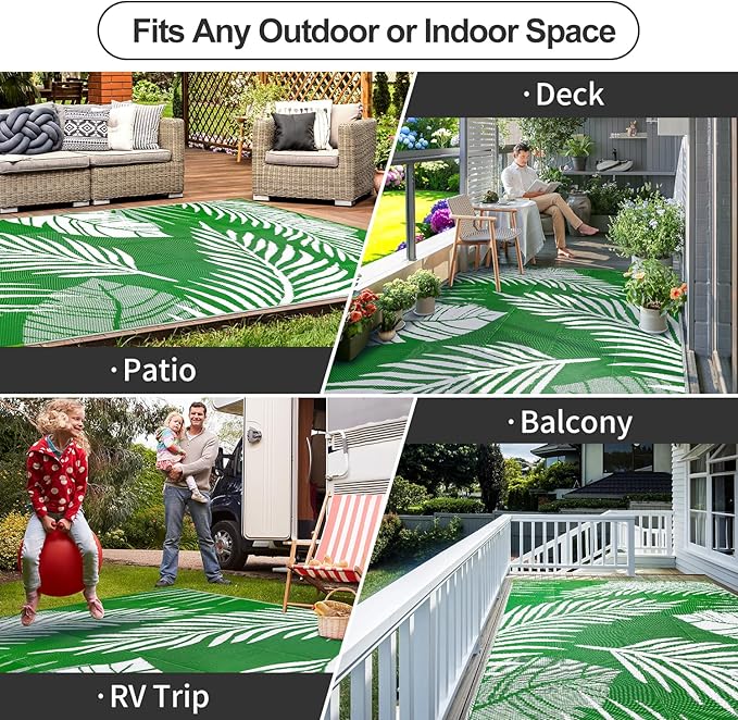 Waterproof Outdoor Rug 6x9ft, Green Leaf Reversible Plastic Straw Mat for Patio RV Deck Porch Backyard Balcony Camping Picnic Beach Indoor Outdoor Carpet, Green&White