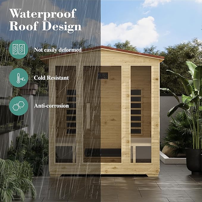 4 Person Outdoor Infrared Sauna - 3D Fast Heating Home Spa Sauna w/Chromotherapy Light, Wooden Sauna Room Kit w/Bluetooth Speaker (CE Certified,220V)