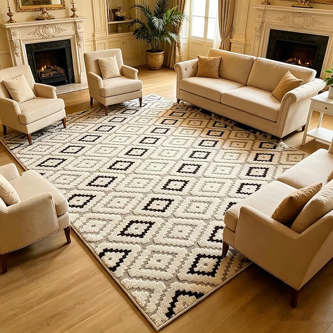 Washable Area Rug 5′3″ × 7′6″ for Living Room Bedroom Hotel, Diamond | Soft Cozy Fluffy Mid Pile Machine Washable Non Slip Boho Modern Accent Rug for Dining Room Nursery Kids Room Dorm