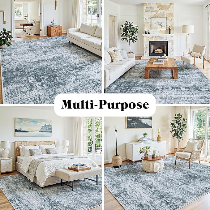 6x9 Area Rug for Living Room Bedroom: Non-Slip Modern Light Slate Blue | Machine Washable TPR Backing, Stain-Resistant Low Pile, Pet & Kid Friendly, Abstract Decor for Dining Room, Dorm, Home Office