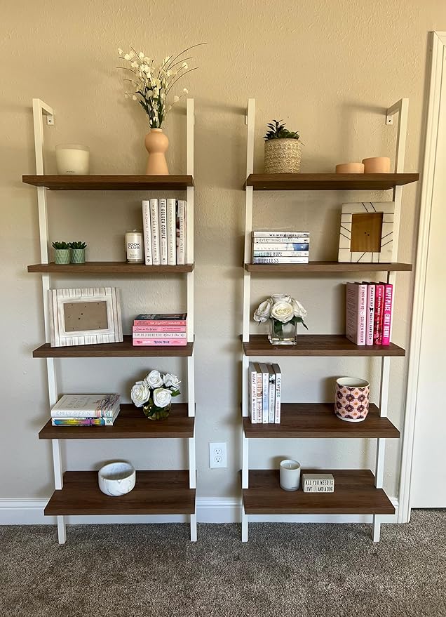 Nathan James Theo 5-Shelf Wood Modern Bookcase, Open Wall Mount Ladder Bookshelf with Industrial Metal Frame, Light Brown Oak/White