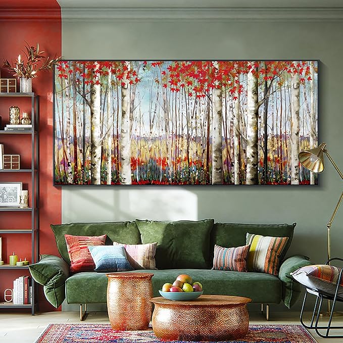 Mofutinpo Large Framed Wall Decor canvas Red Leaves White Birch Tree Wall Art For Living Room bedroom rustic kitchen Modern painting Artwork 29x58 Large Size Black Framed
