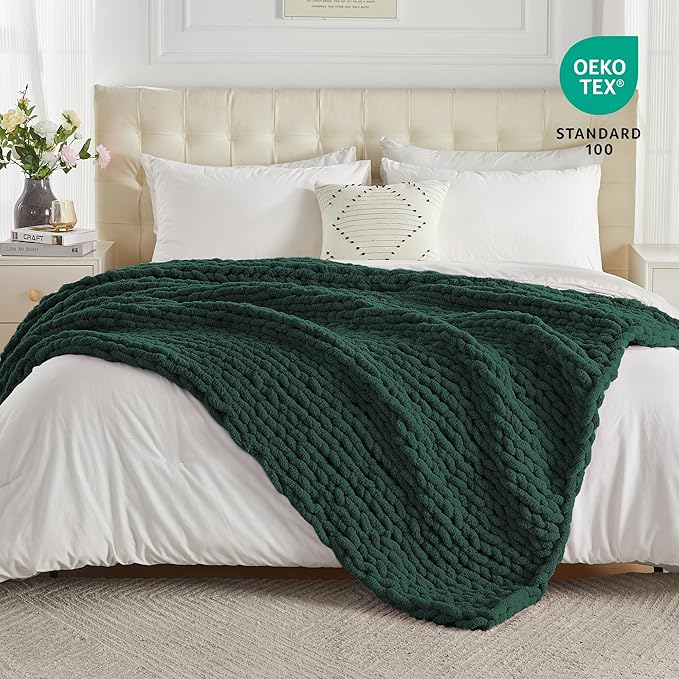 Carriediosa Chunky Knit Throw Blanket 60" X 80" Twin, 100% Hand Made Large Chenille Loop Yarn Soft Fluffy Throws for Couch Sofa Bed, Big Crochet Cozy Heavy Thick Cable Woven Blankets, Dark Green