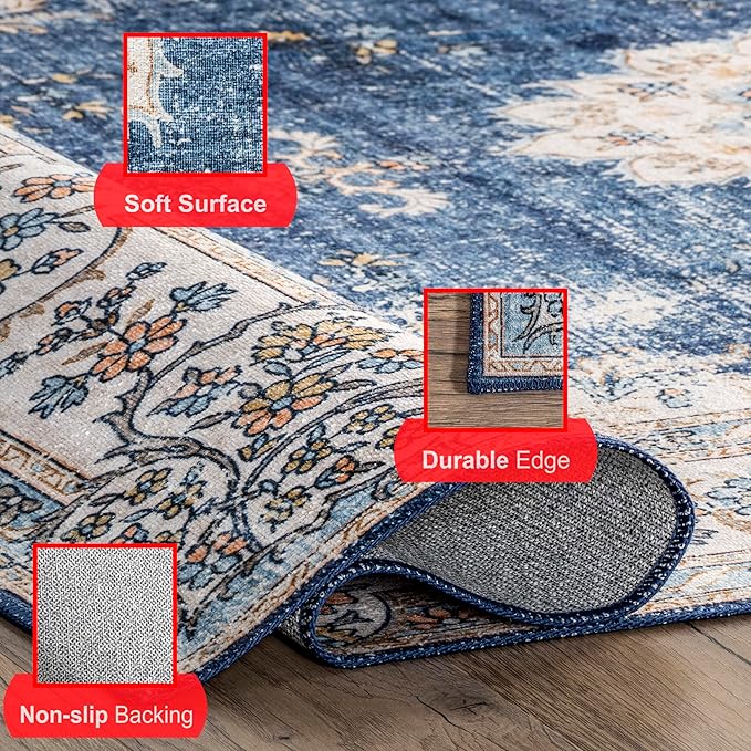 nuLOOM Ren Vintage Floral Machine Washable Ultra Thin Area Rug, 8x10, Blue