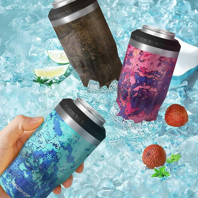 HAUSHOF 4-in-1 Insulated Can Cooler Fits 12oz Cans & Beer Bottle, Camo Red | Double-Wall Vacuum Insulated, 18/8 Stainless Steel, BPA-Free Lid, Slim Can Cooler for Camping, Beach & Picnic
