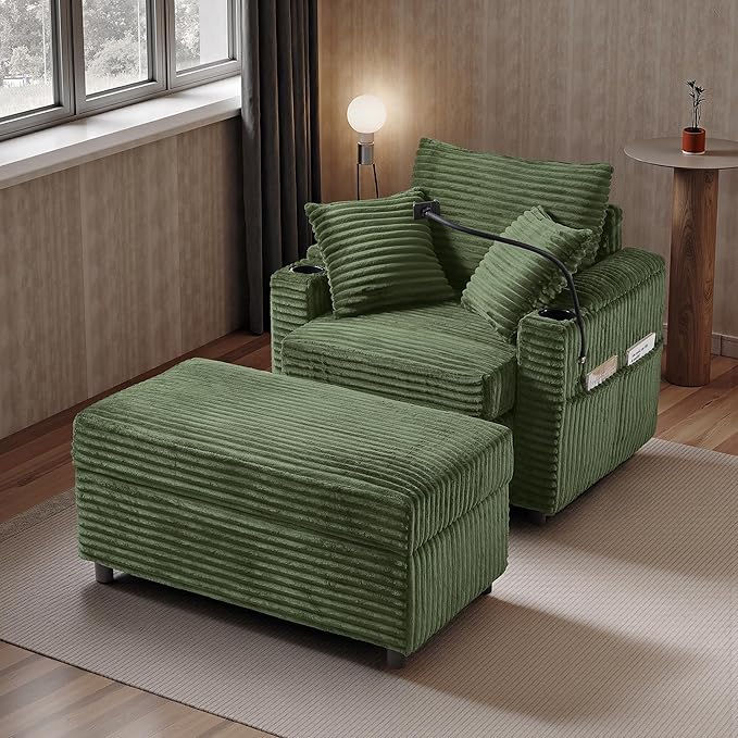 Accent Chair with Storage Ottoman Upholstered Living Room Chairs for Reading Chair with Chaise Lounge Chairs Indoor, Comfortable Armchair for Bedroom
