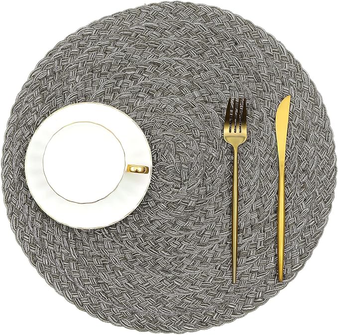 SHACOS Round Braided Placemats Set of 6 Thick Woven Placemats Washable 15 inch Circle Place Mats Non Slip Table Mats for Dining Table, Gray White