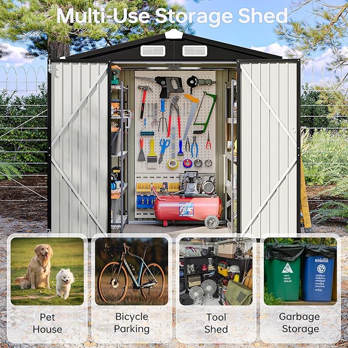 6x4 FT Outdoor Storage Shed, Metal Garden Tool Shed with Sloping Roof & Lockable Door for Patio Lawn Backyard (Black)