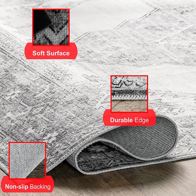 nuLOOM Gracie Distressed Medallion Machine Washable Ultra Thin Area Rug, 4x6, Grey
