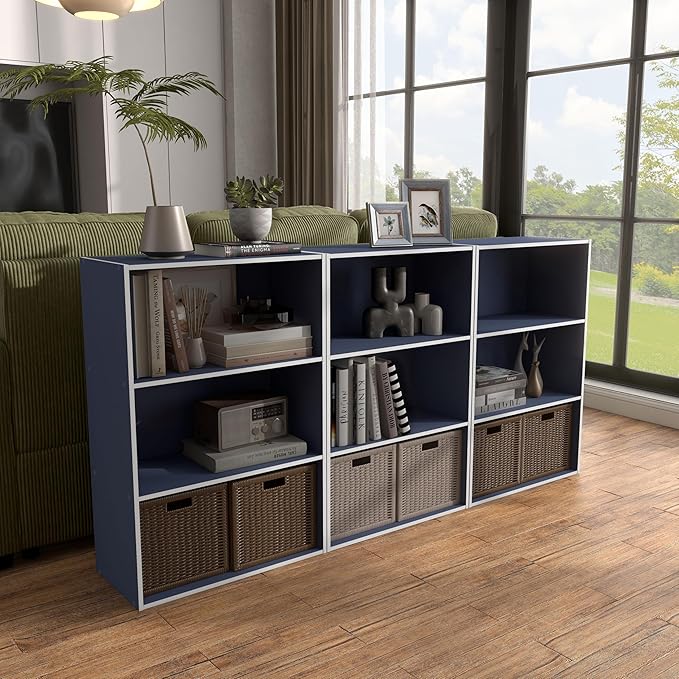 Apexa 3-Tier Cube Storage Organizer Shelves, Stackable Wood Bookcase Fits Cubby Bins for Organization, Dorm Teen Room Decor & Home Office, Steel Blue