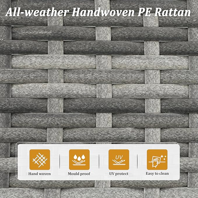 SUNVIVI OUTDOOR 7 Piece Patio Furniture Sets All Weather Grey PE Wicker Couch Sofa with Glass Table, Removable Navy Blue Cushions