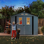 KEIKI 8x8 Outdoor Storage Shed, Metal Garden Shed with 4 Windows and Lockable Doors, Heavy Duty Steel Storage House for Backyard Patio Lawn, Bike Storage, Tool Room, Pet Shelter, White