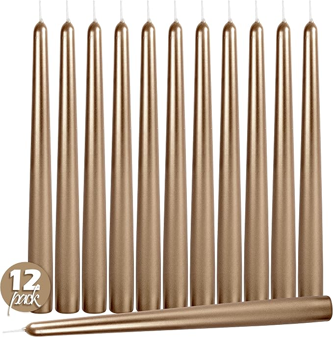 Hyoola Tall Metallic Antique Gold Taper Candles - 10 Inch - Dripless - 12 Pack - 8 Hour Burn Time