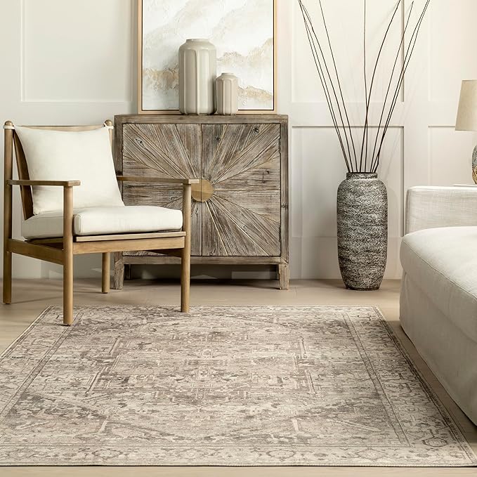 nuLOOM 5x8 Machine Washable Rain Haven Vintage Medallion Area Rug, Grey, Traditional Faded Design, Non-Slip Backing, Stain Resistant, For Bedroom, Dining Room, Living Room, Kitchen