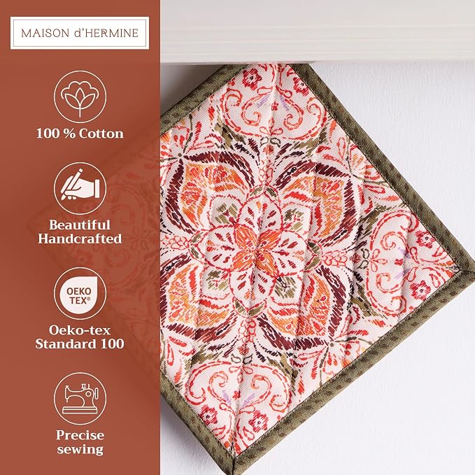 Maison d' Hermine Pot Holders 100% Cotton Potholders (8" x 8", Pack of 2) | Heat Resistant Hot Pads with Loop BBQ Cooking Baking Hotel Kitchen Handling Hot Pans Thanksgiving Christmas - Damask