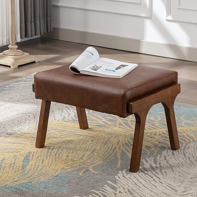 chairus 2 Sets Mid-Century Modern Accent Chairs with Ottoman, Faux Leather Armchair with Wood Legs Comfy Upholstered Single Sofa Chair for Living Room/Bedroom/Lounge, Brown