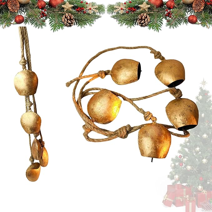 Harmony 5 Cow Bells Cluster on Rope - Large Rustic Vintage Lucky Cow Bells On Rope Wall Hanging Decor