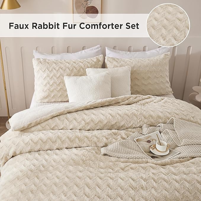 Andency Beige Fleece Comforter Set Queen Size, 3 Pieces Shaggy Faux Fur Bedding Comforter Set for Queen Bed, Fuzzy Plush Warm Sherpa Bed Comforter Set for Women Man