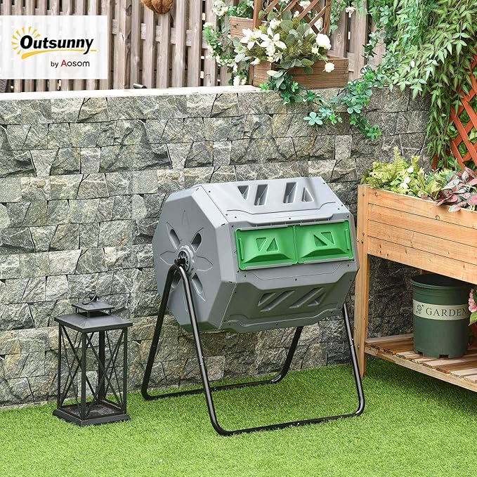 Outsunny Tumbling Compost Bin Outdoor 360° Dual Chamber Rotating Composter 43 Gallon, Light Gray
