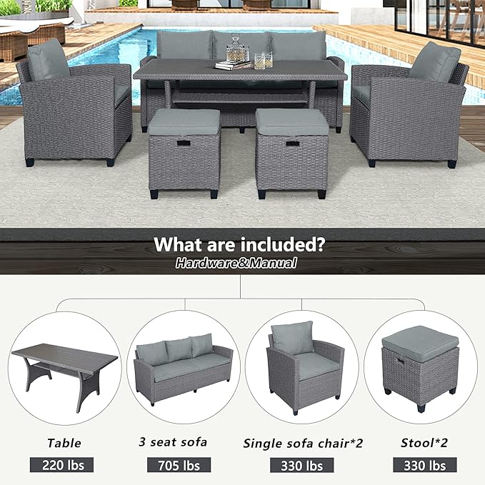 6 7 Pieces Patio Furniture Outdoor Sectional Sofa Conversation Set All Weather Wicker Rattan Couch Dining Table & Chair with Ottoman, Cc-Grey