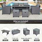 6 7 Pieces Patio Furniture Outdoor Sectional Sofa Conversation Set All Weather Wicker Rattan Couch Dining Table & Chair with Ottoman, Cc-Grey