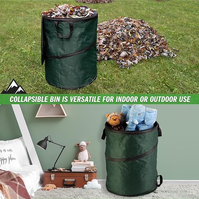 Wakeman Outdoor Trash Can - 46-Gallon Collapsible Garbage Can with 3 Stakes - Pop Up Trash Bin for Camping, Storage, or Yard Waste Outdoors (Green)