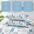 Coastal Bedding King Size Coastal Quilt with 2 Shams, Nautical Beach Comforter Sets Ocean Bedspreads Blue Seahorse Coverlet Summer Bedding, 96''x106''