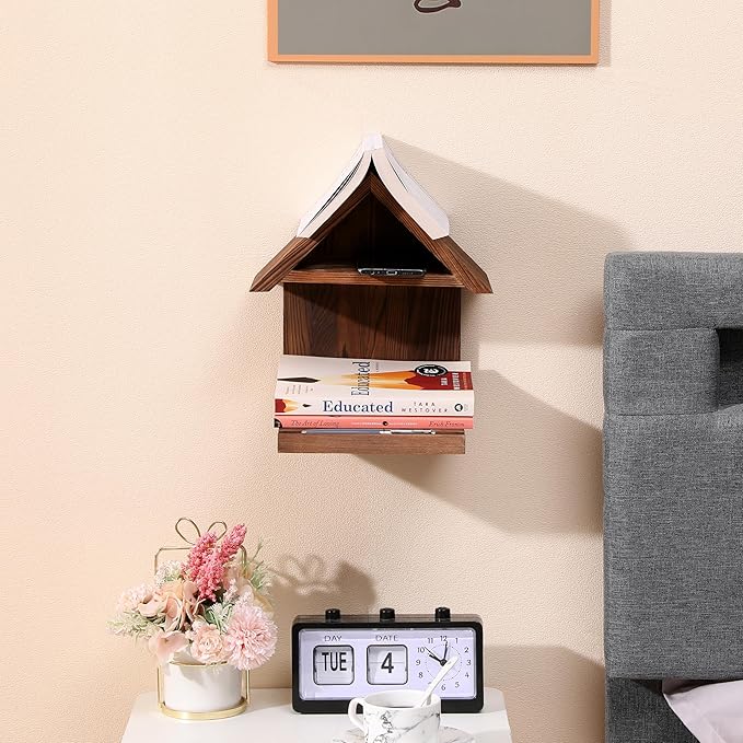 Floating Bedside Wood Bookshelf, Triangle Book Page Holder, Wooden Simple Bookcase for Bedroom Nightstand Library Office or Wall Decor Storage (Brown