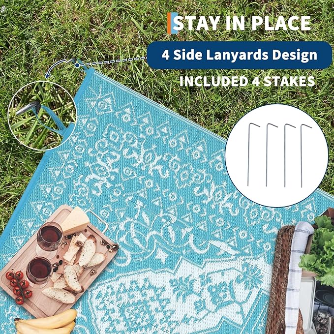 GAOMON Outdoor Rugs 8x10 Waterproof Reversible Outdoor Plastic Straw Rug, Large Patio Rugs UV-Resistant Portable RV Camping Mats, Vintage Boho Carpet for Deck Porch Garden, Light Blue & White