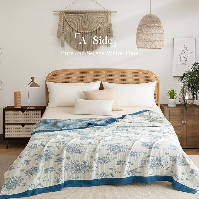 Boho Throw Blanket Full Size, Extra Large Soft Cozy Cotton Muslin Quilt Blanket for Bed Decor, Floral Patterned Couch Sofa Chair Cover, Vintage Farmhouse Cottage Woven Blanket, Blue&White