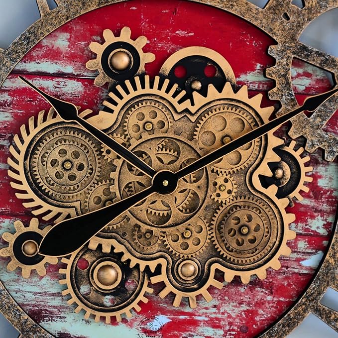 The Gears Clock 36'' Inch Real Moving Gear Wall Clock Vintage Industrial Oversized Rustic Farmhouse (Red Lava)