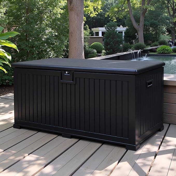 230 Gallon Outdoor Storage Box Waterproof, Extra Large Plastic Outside Deck Box Weatherproof, Resin Patio Storage Bin with Lock and Lids for Cushion, Black