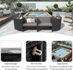 Outdoor Patio Furniture Set Spa Surround Quadrilateral Sofa with Wood Seatings, Rattan Sectional Couch w/Storage Space and Waterproof Cushions, for Yard Pool Backyard, Grey
