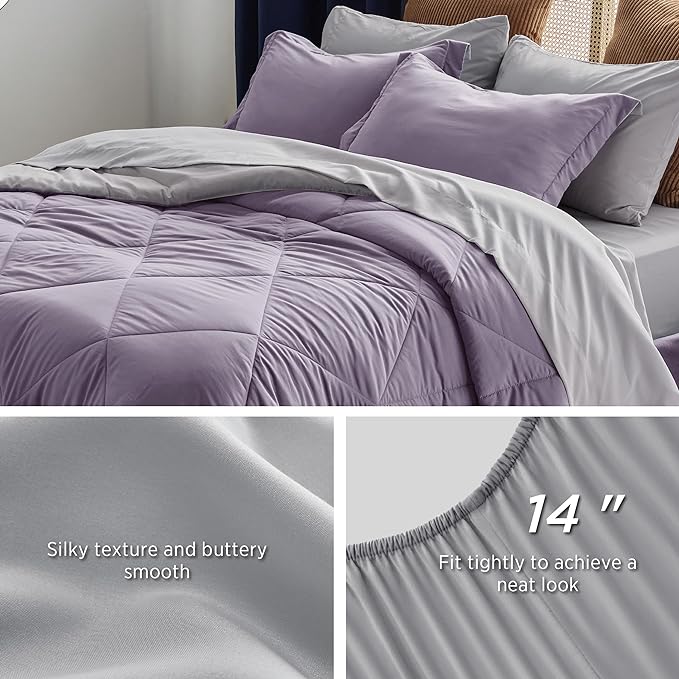 Bedsure Grayish Purple California King Size Comforter Set - 7 Pieces Reversible Cal King Bed in a Bag, Cal King Grayish Purple and Grey Bed Set with Comforters, Sheets, Pillowcases & Shams