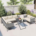 5-Piece Woven Rope Outdoor Patio Furniture Sets, L-shaped Conversation Sectional Sofa with Loveseat, Corner Couch, Glass Table and Removable Cushions, for Garden Backyard, Onesize, Gray+Beige