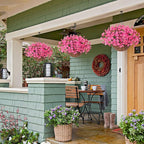 Artificial Faux Hanging Plants Flowers Basket for Outdoors Outside Spring Summer Decoration, Silk Pink Morning Glory in Planter UV Resistant Look Real Fake Flowers for Porch Patio Balcony Home Yard