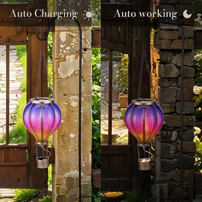 TERESA'S COLLECTIONS 2 Pack Hanging Solar Lantern Outdoor Garden Decor for Valentine ,Waterproof Plastic Hot Air Balloon Purple Flickering Flame Effect Lantern for Yard Tree Gift for Mom,18"