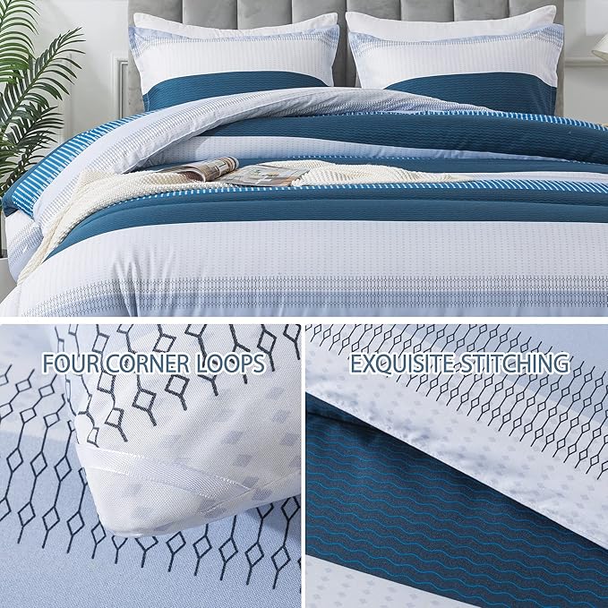 Andency Stripe Comforter Set Queen Size (90x90 Inch), 3 Pieces Navy Patchwork Striped Comforter, Soft Microfiber Down Alternative Comforter Bedding Set with Corner Loops