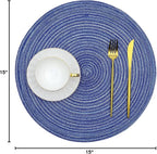 SHACOS Round Braided Placemats Set of 8 Round Table Mats for Dining Tables Washable Fabric Kitchen Table Place Mats (Blue White, 8)